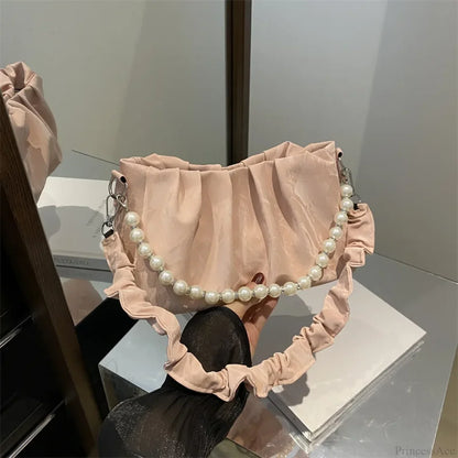French Beaded Chain Pleated Underarm Crossbody Handbag