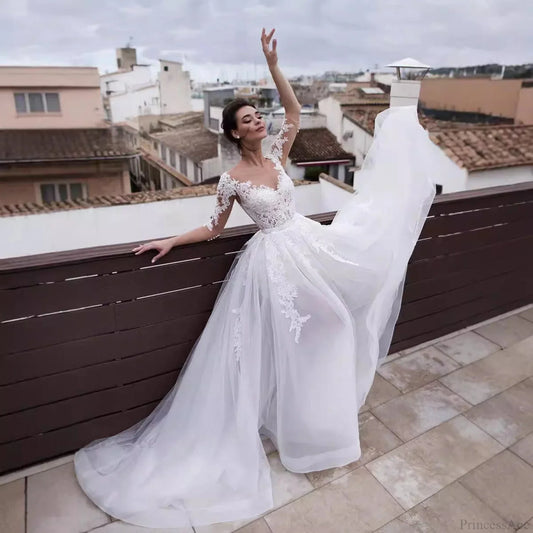 French V-Neck Long Sleeve Wedding Dress