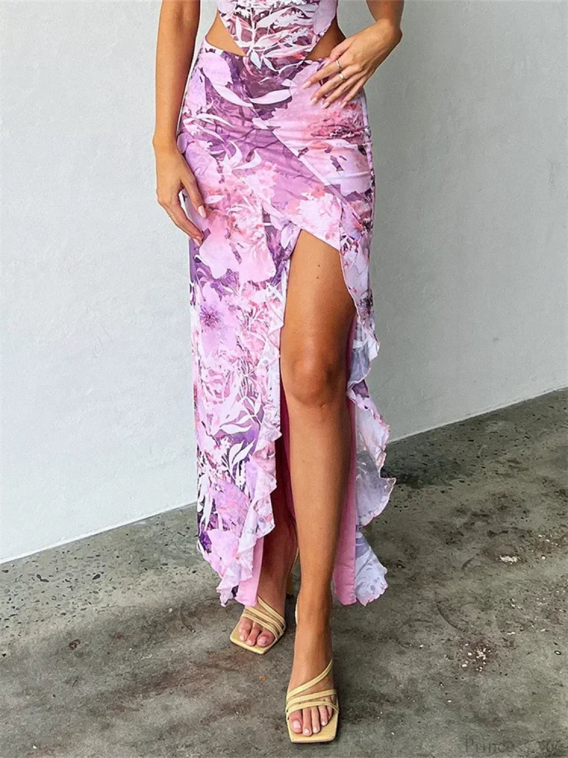 Frill Tulle Floral Low Waist High Split Bohemian Skirt