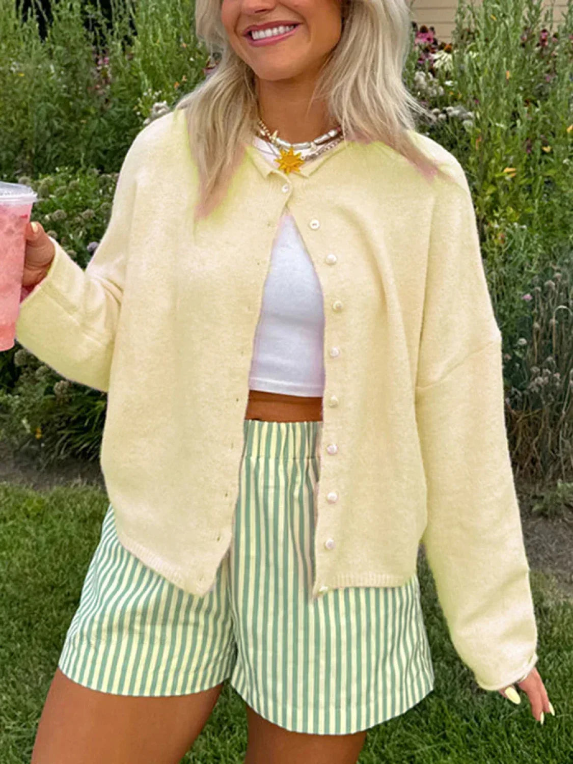Fuzzy Button-Front Long Sleeve Knit Cardigan