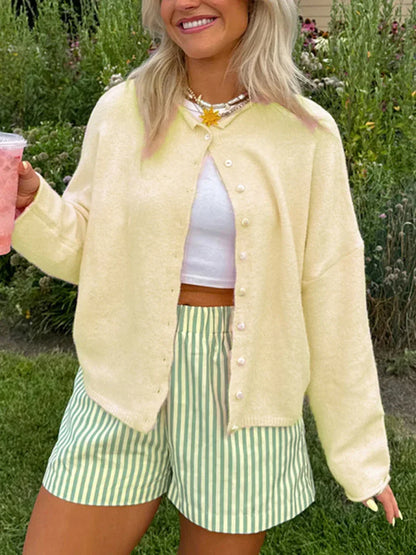 Fuzzy Button-Front Long Sleeve Knit Cardigan