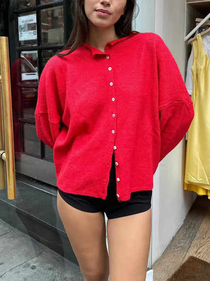 Fuzzy Button-Front Long Sleeve Knit Cardigan