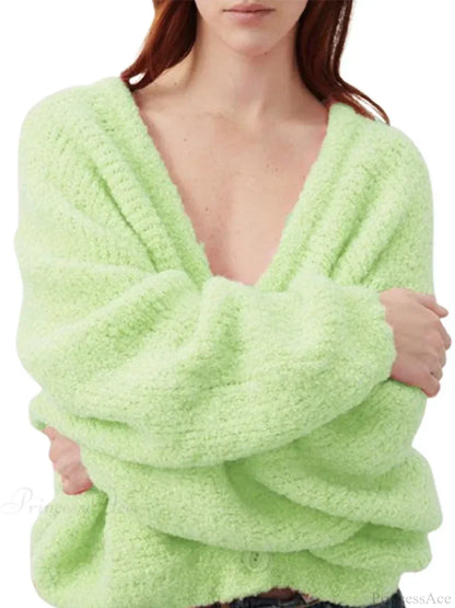 Fuzzy V-neck Button-front Cardigan