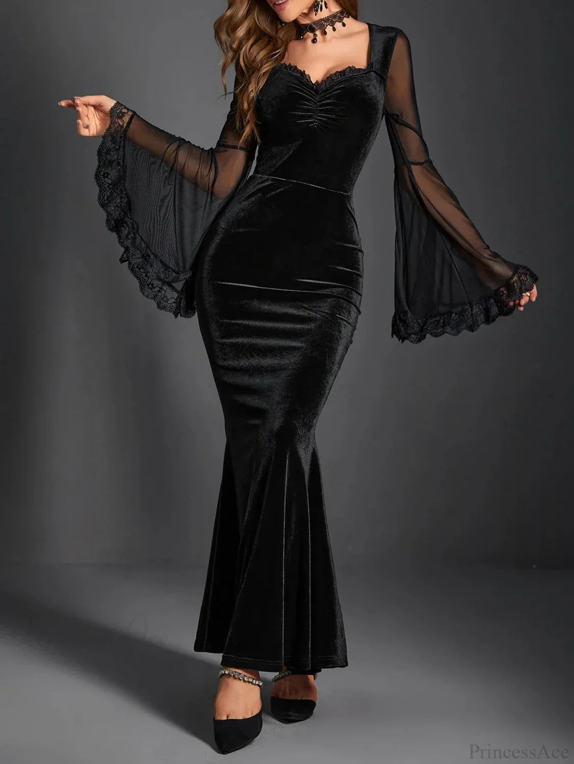 Gathered Net Flare Sleeve Full-Length Dress