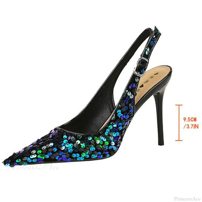 Glitter Luxury Pointed Toe Pumps Golden Thin Heels Sexy Slingback Sandals High Heel