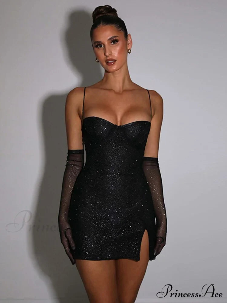 Glitter Party Club Fashion Outfits Spaghetti Strap Sexy Slit Dress