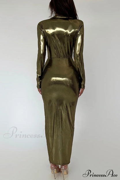 Glossy V Neck Ruched Slit Dress