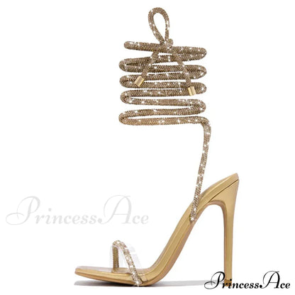 Gold Crystal Ankle Strap Sandals - Women's Summer Party Wedding Shoes - Open Toe Club Heels