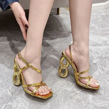 Gold Sexy Strange High Heels Gladiator Narrow Band Square ToeBuckle Strap Wedding Banquet Pumps High Heel
