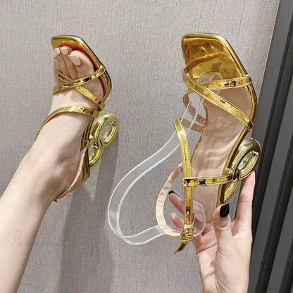 Gold Sexy Strange High Heels Gladiator Narrow Band Square ToeBuckle Strap Wedding Banquet Pumps High Heel