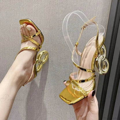 Gold Sexy Strange High Heels Gladiator Narrow Band Square ToeBuckle Strap Wedding Banquet Pumps High Heel