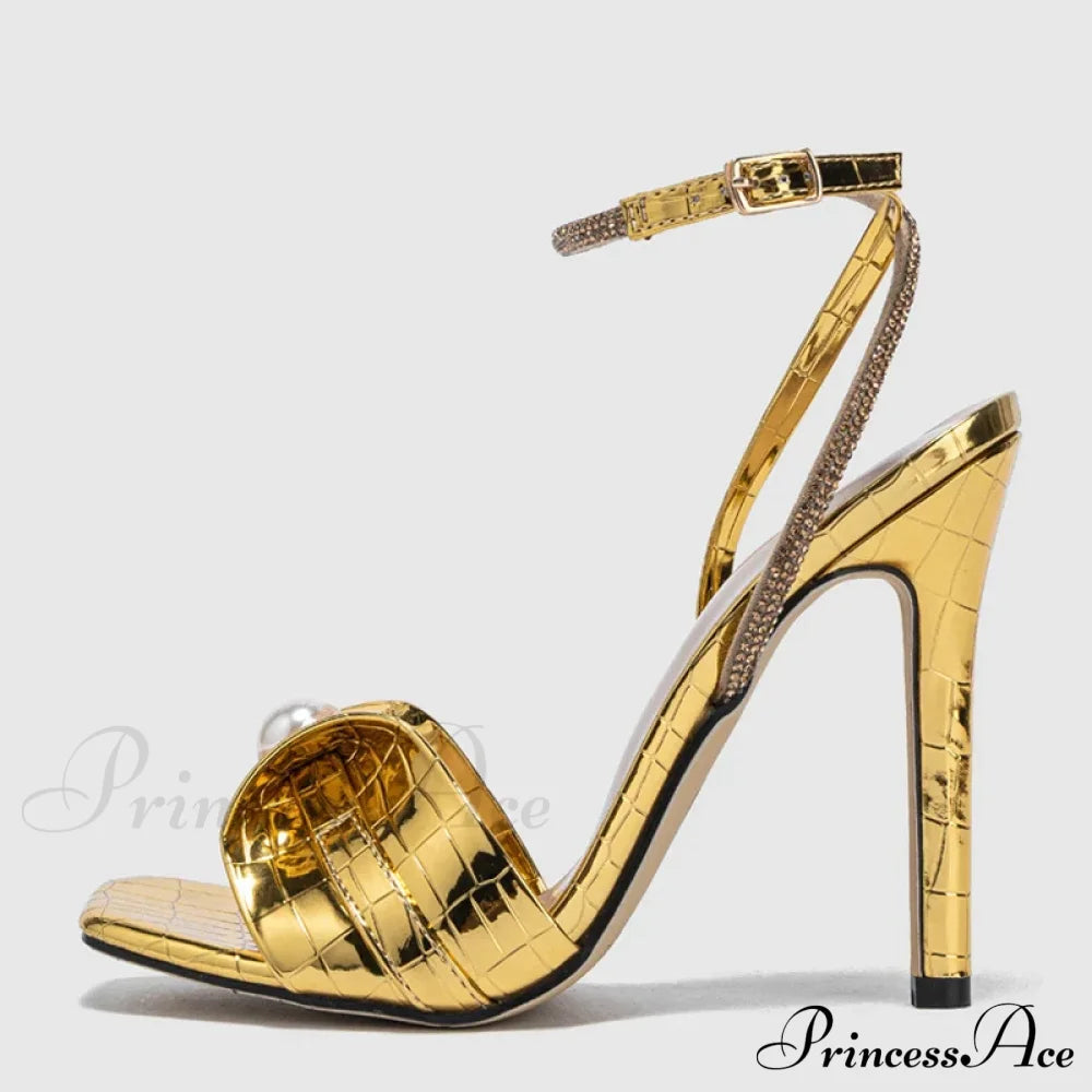 Gold Snake Print Leather Square Toe Crystal Ankle Strap Sandals High Heels Party Dress Shoes - Size 43