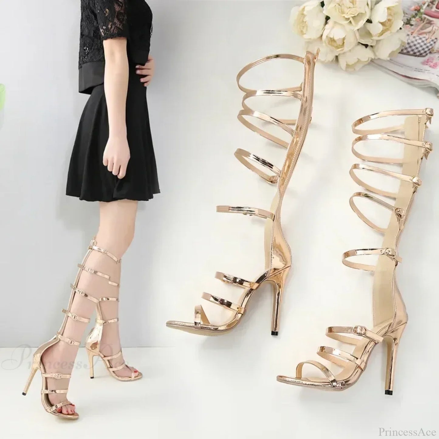 Golden 12CM Thin High Heels Gladiator Peep Toe Narrow Band Hollow Buckle Zipp Party High Heel