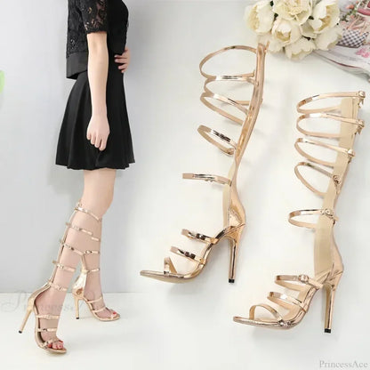 Golden 12CM Thin High Heels Gladiator Peep Toe Narrow Band Hollow Buckle Zipp Party High Heel
