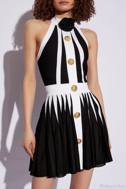 Golden Buttons Patchwork Party Dress