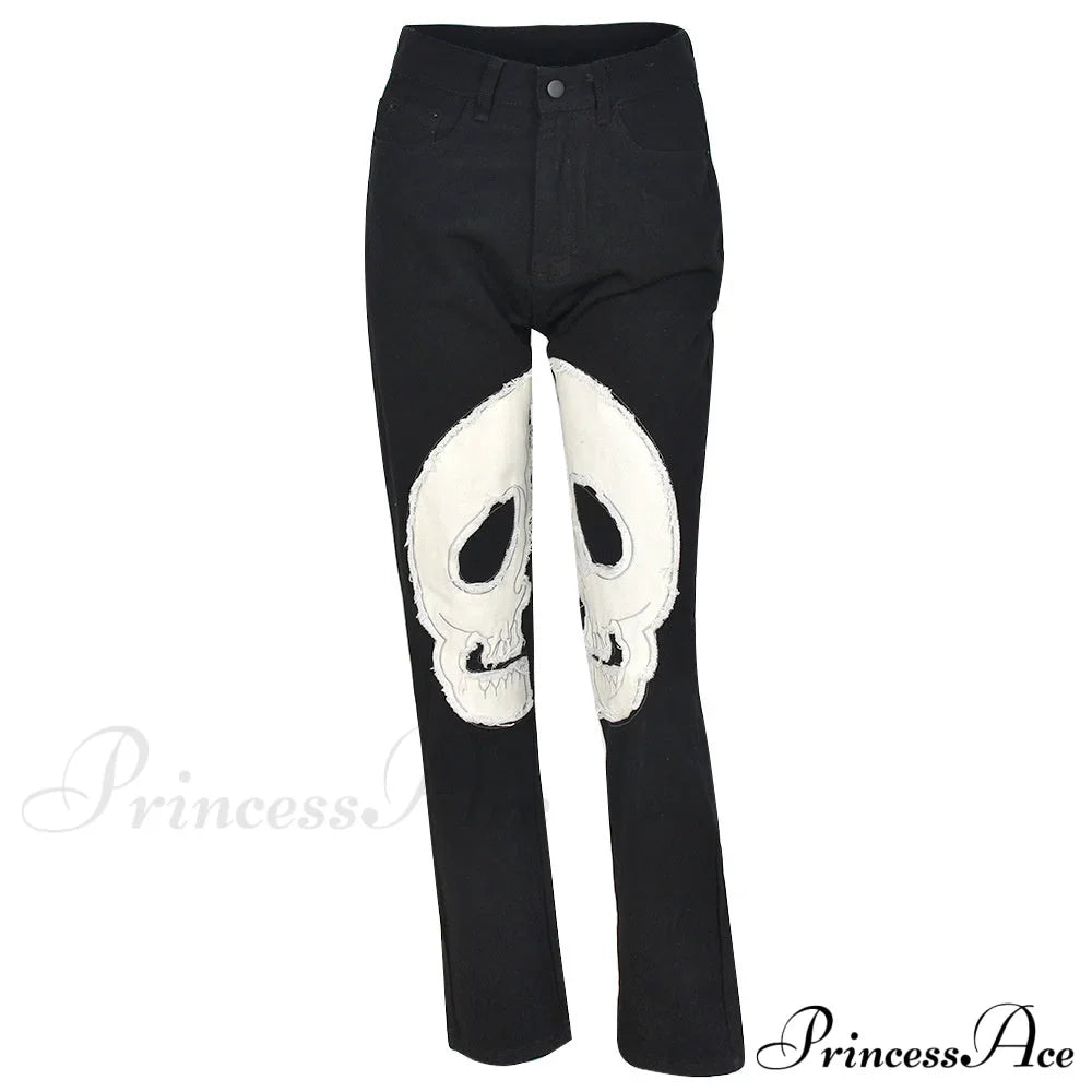 Gothic Skeleton Print Y2K Black Jeans