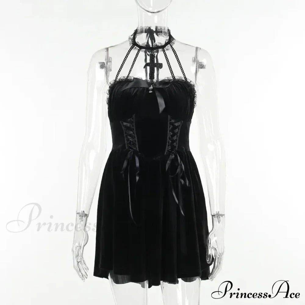 Gothic Velvet Criss-Cross Halter Vintage Draped Lace Sleeveless Bodycon Backless A-Line Dress