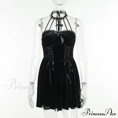 Gothic Velvet Criss-Cross Halter Vintage Draped Lace Sleeveless Bodycon Backless A-Line Dress
