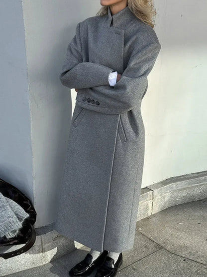 Gray Casual Wool Notched Button Up Overcoat