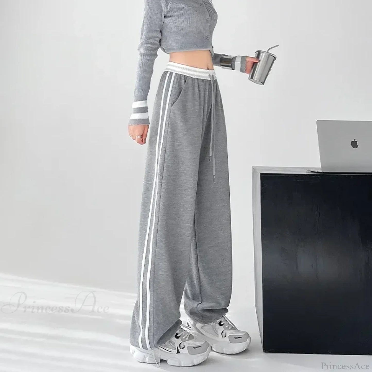 Gray Striped Casual Sweatpants Pants