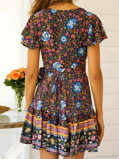 Green Floral Deep V-neck Boho Sundress
