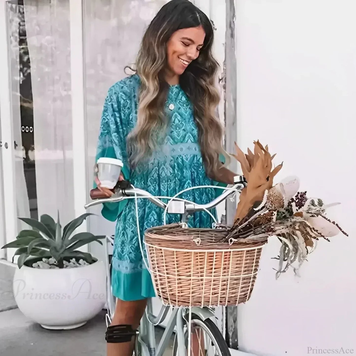 Green Floral Print Loose O-neck Batwing Sleeve Mini Boho Dress
