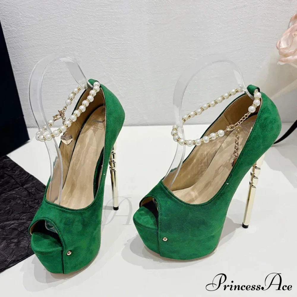 Green Peep Toe Wedding Banquet High Heels Platform Pumps with Ankle Strap