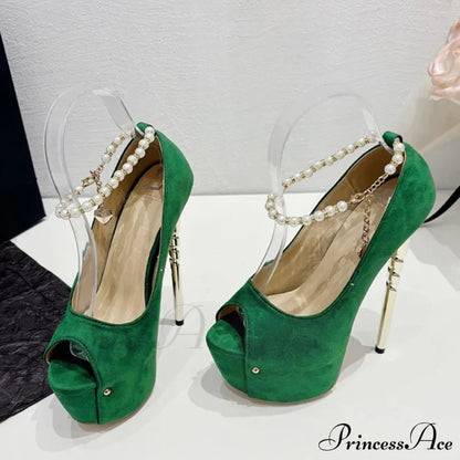 Green Peep Toe Wedding Banquet High Heels Platform Pumps with Ankle Strap