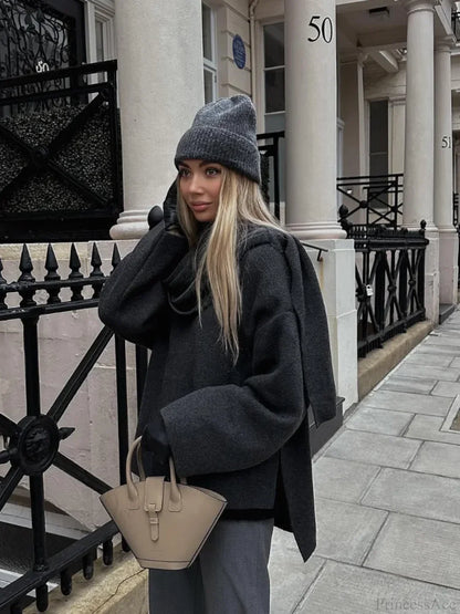 Grey Scarf Collar Woolen Coat