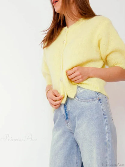 Half Sleeve O Neck Button-Up Knit Cardigan