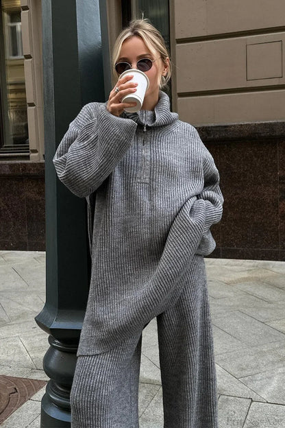 Half-Zip Knit Collared Long Sleeve Wide Leg Two Piece Set