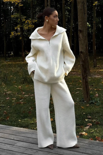 Half-Zip Knit Collared Long Sleeve Wide Leg Two Piece Set