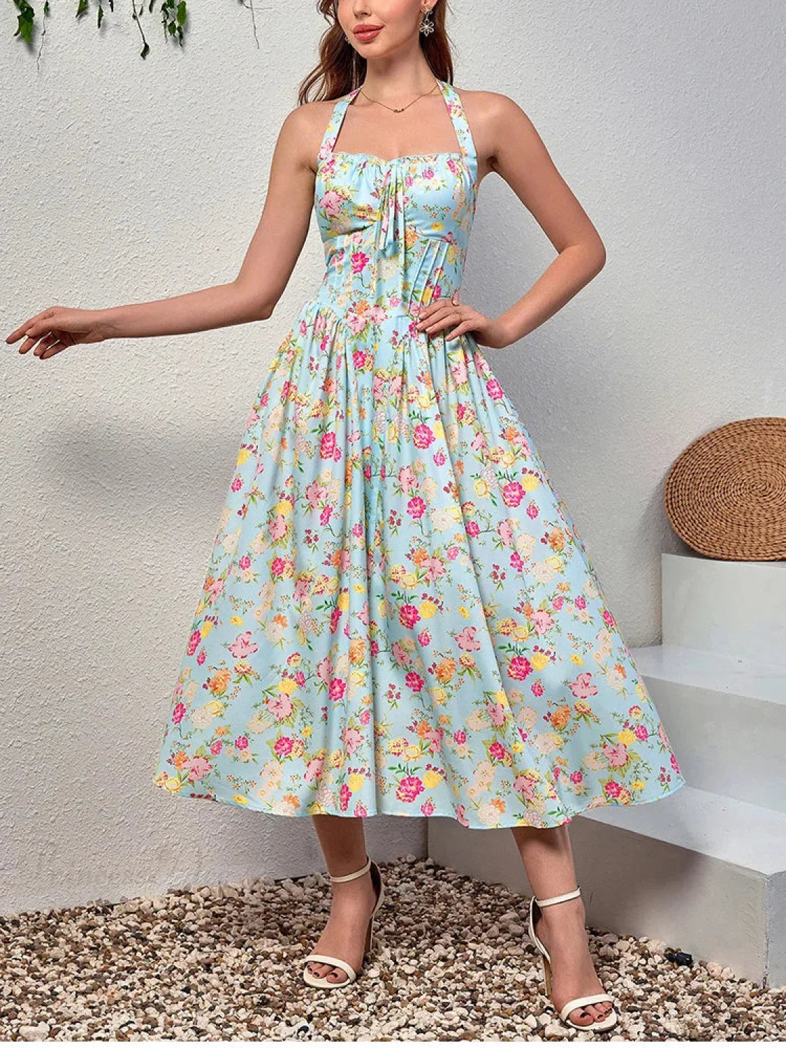 Halter Backless Print Floral Pink Dress