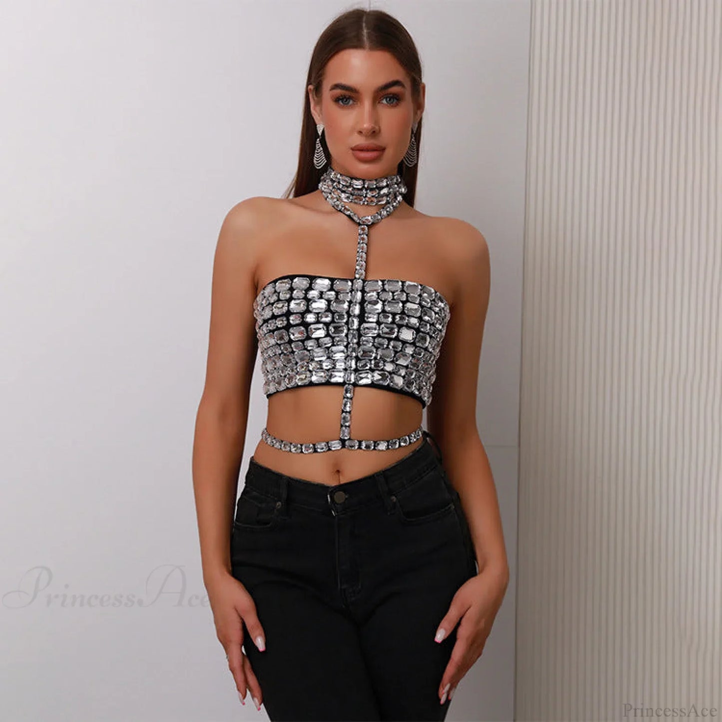 Halter Beaded Lace-Up Bandage Crop Prom Dress