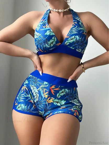 Conjunto de dos piezas de bikini con shorts y top halter estampado