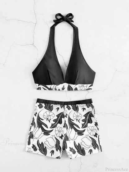 Conjunto de dos piezas de bikini con shorts y top halter estampado