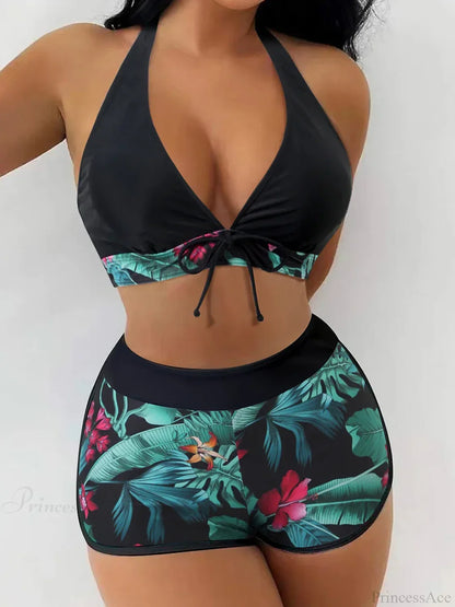 Conjunto de dos piezas de bikini con shorts y top halter estampado