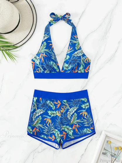 Conjunto de dos piezas de bikini con shorts y top halter estampado