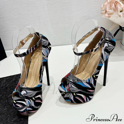 Hand-Painted Leather Platform Pumps Slingback Sandals Peep Toe High Heels Pole Dance Shoes
