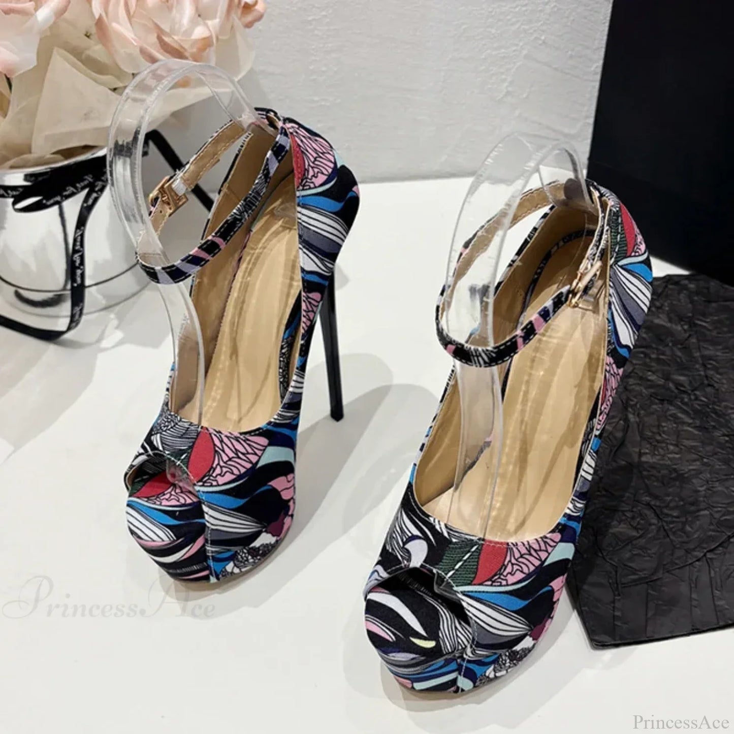 Hand-Painted Leather Platform Pumps Slingback Sexy Peep-Toe Stripper Pole-Dance High Heel