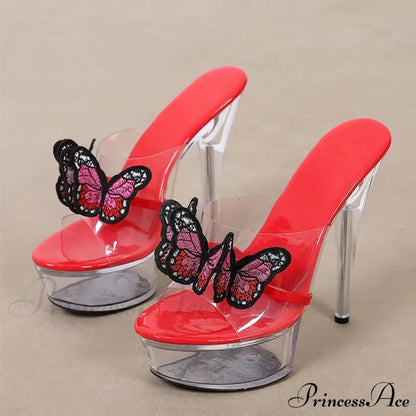 Handmade Embroidered Butterfly Women's Transparent Heels Platform Sandals