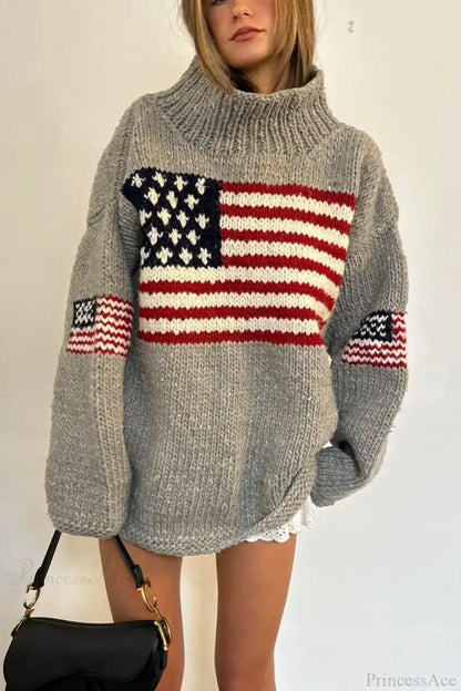 Harajuku Retro US Flag High Neck Sweater
