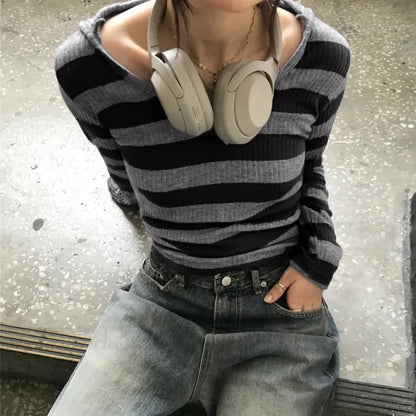 Harajuku Stripe Hooded Slim Contrast Color Long Sleeve Knit Top