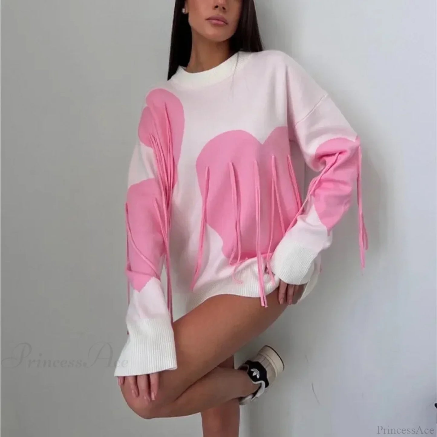 Heart Print O-neck Long Sleeve Sweater