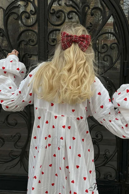 Heart Print Puff Sleeve Cotton Dress