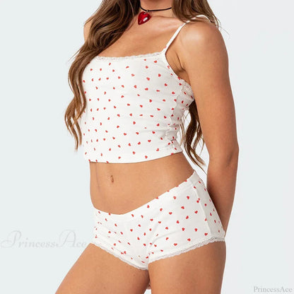 Heart Printed Kawaii Lace Trim Camis Micro Shorts Two Pieces Set