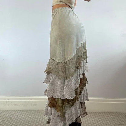 HEYounGIRL Y2K Aesthetic Lace Tiered Irregular Skirt Mori Girl