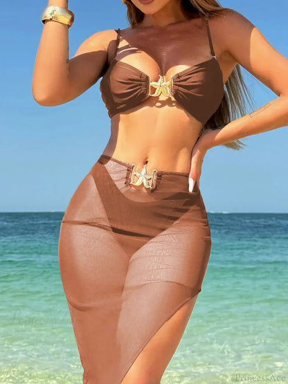 Bikini brasileño de corte alto con falda de malla, traje de baño de tres piezas