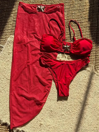 Bikini brasileño de corte alto con falda de malla, traje de baño de tres piezas