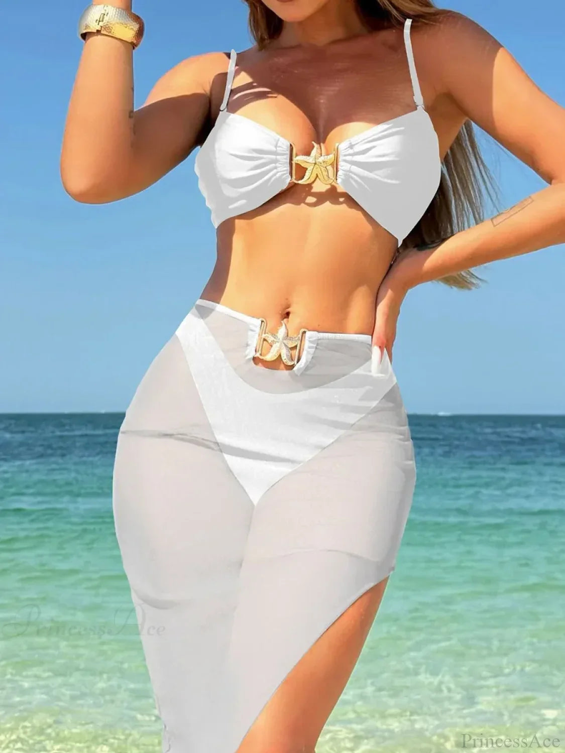 Bikini brasileño de corte alto con falda de malla, traje de baño de tres piezas